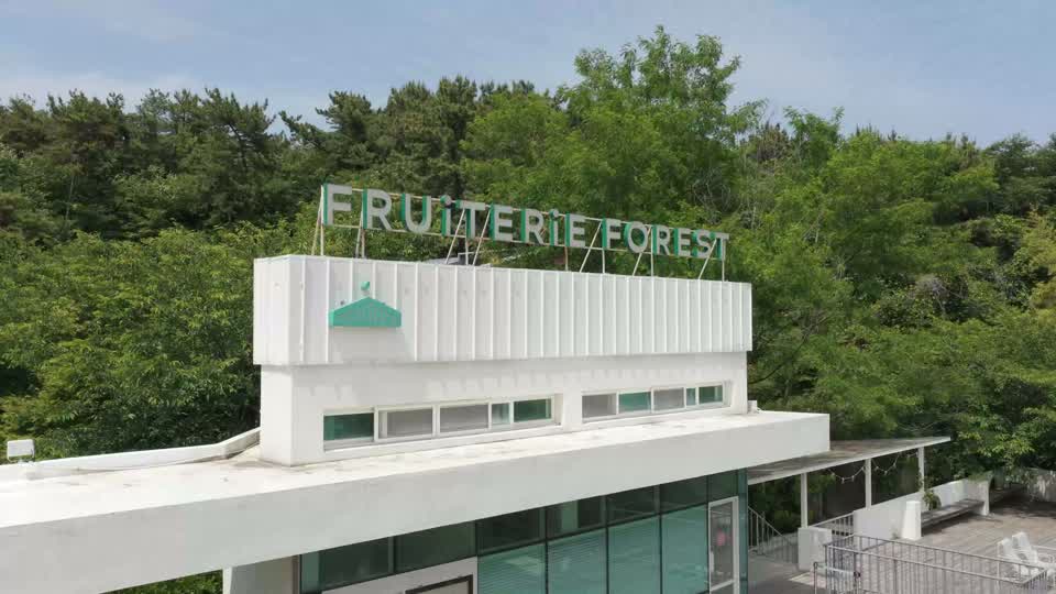 Drone close-up of the FRUITERIE FOREST sign