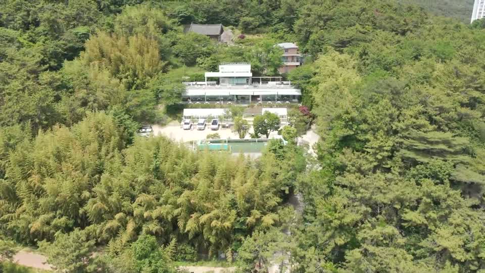 Aerial drone view of the store nestled in the forest