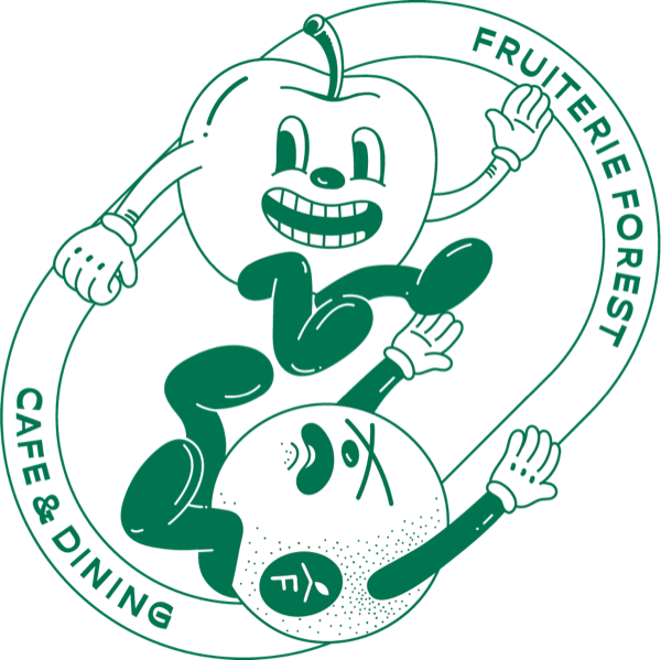 Fruiterie Forest emblem — apple and peach characters